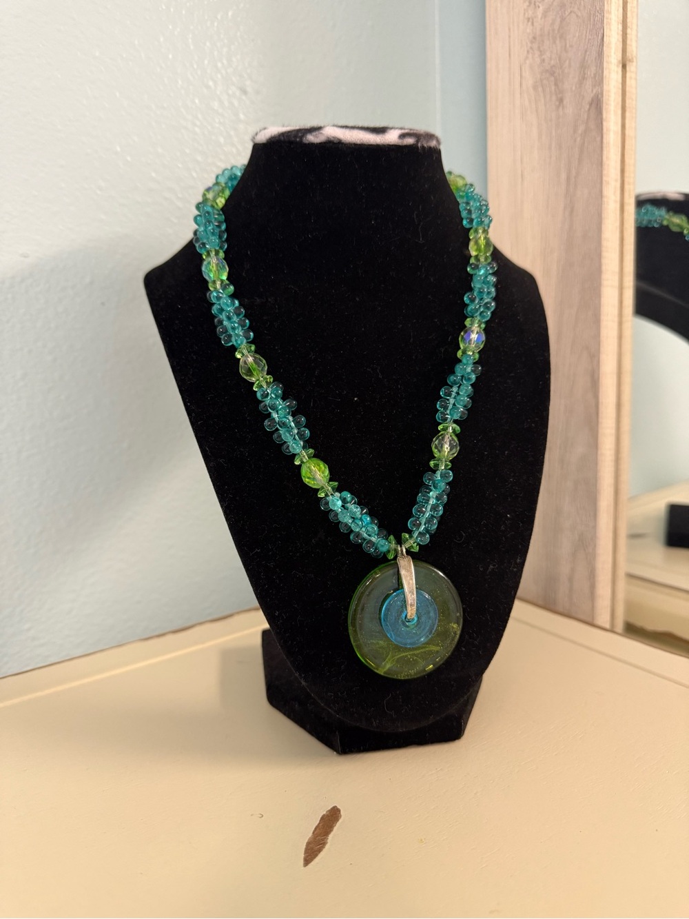 Aqua Green Glass Beaded Necklace 925 Sterling Pendant Bail 20”